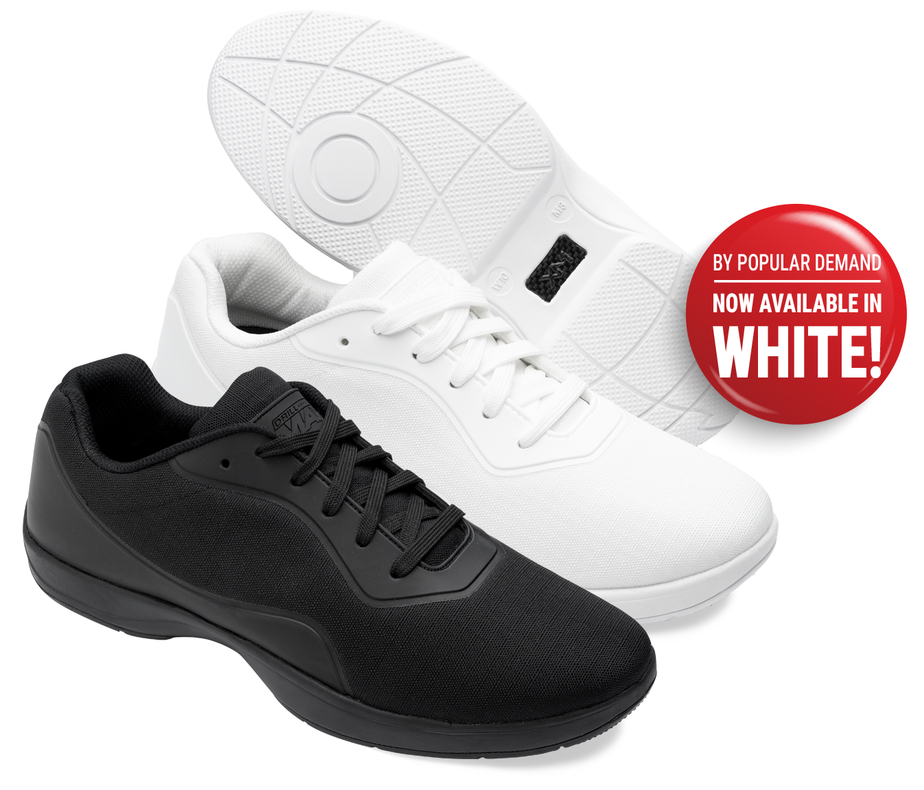 black and white drillmax marching shoes with a message that says: By popular demand! Now available in White.