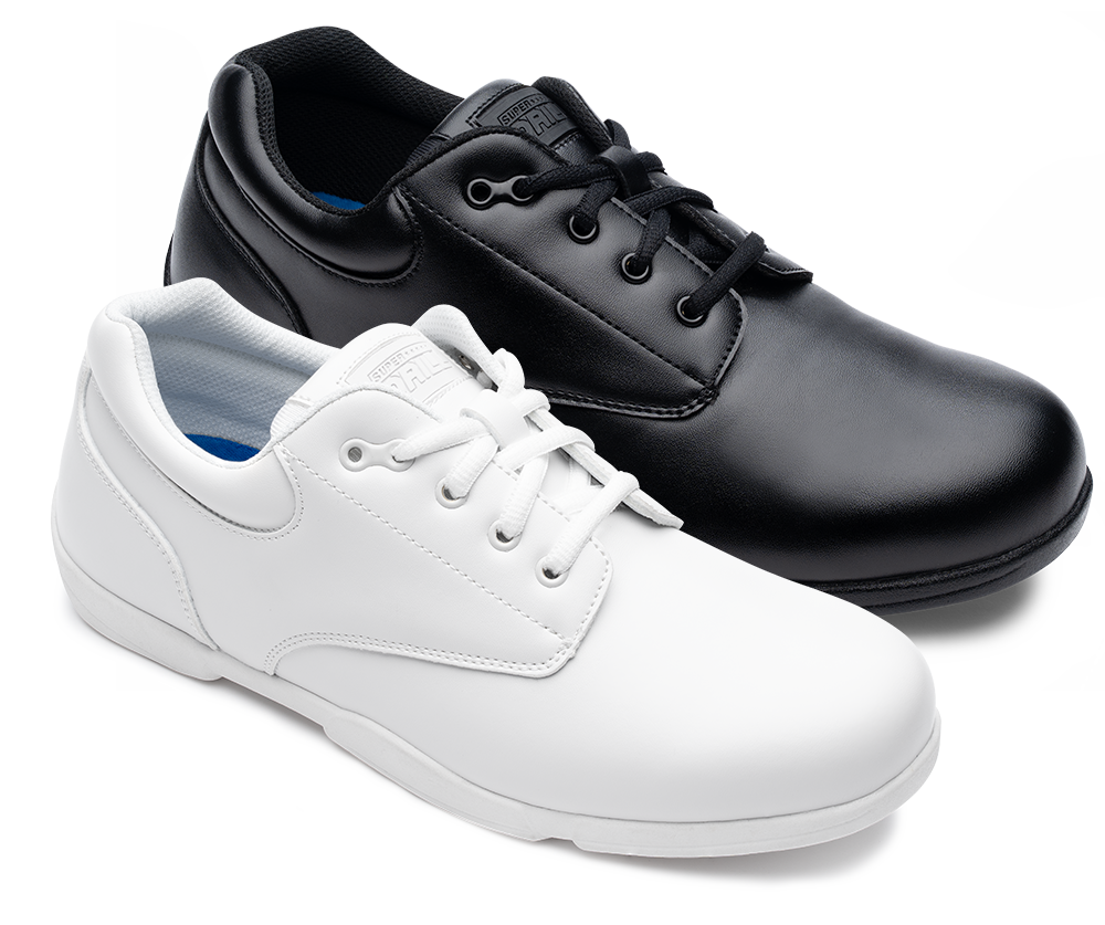 White and Black Super Drills Shoes side-by-side, profile view