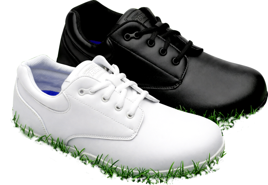 White and Black Super Drill Marching Shoes side-by-side, profile view on grass.