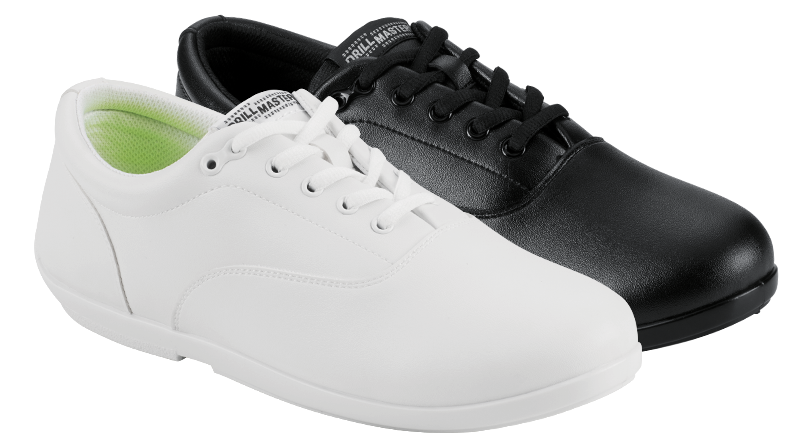 White and Black Drillmasters Shoes side-by-side, profile view