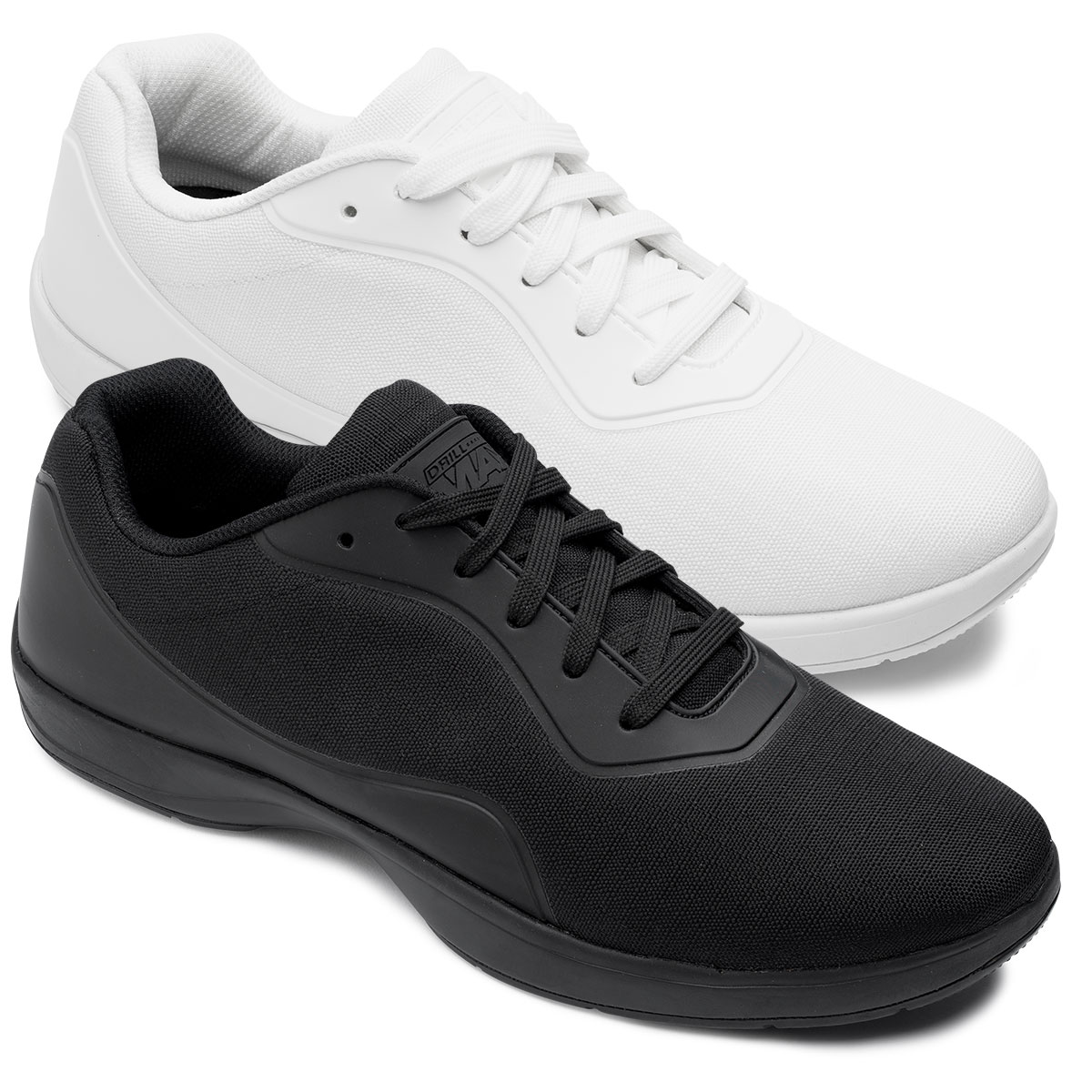 black and white DrillMax marching shoes side by side, front three-quarters view