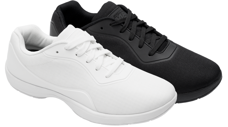 White and Black DrillMax Shoes side-by-side, profile view