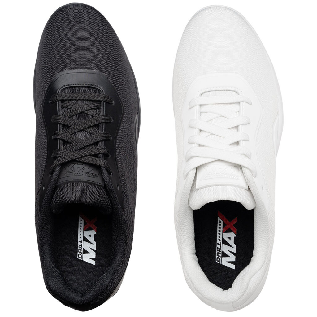 black and white DrillMax marching shoes side by side, top view down