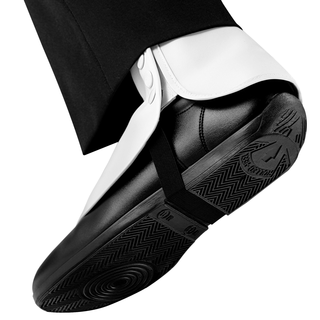 Drillmasters marching shoe with a white vinyl spat