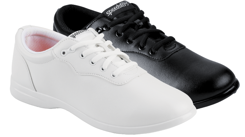 White and Black Speedsters Marching Shoes side-by-side, profile view